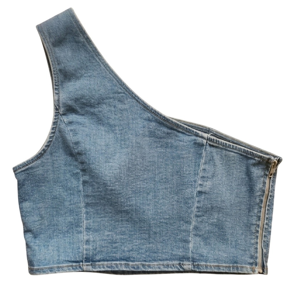 LE LIS Denim One Shoulder Bustier Crop Top Blue Medium Wash Small - Picture 4 of 8